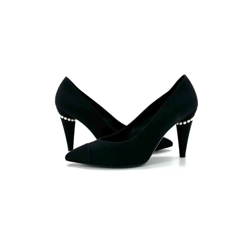 Chanel Interlocking CC Logo Pearl Satin Cap Toe Pointed Toe Pumps 38.5 Shoes